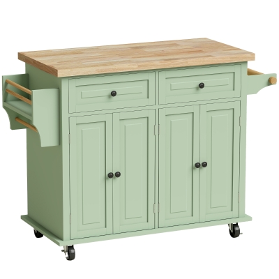 HOMCOM Kitchen Island Trolley Wood Top Storage Drawers Light Green