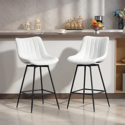 HOMCOM Conjunto de 2 Bancos de Bar Giratórios com Encosto Curvado e Apoio para os Pés Estofados em PU 47x54,5x97,5 cm Branco