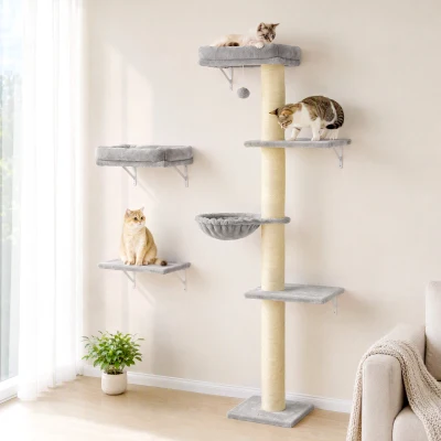 PawHut Kattenklimwand, 3-delige kattenwandset met krabpaal, platforms en hangmat