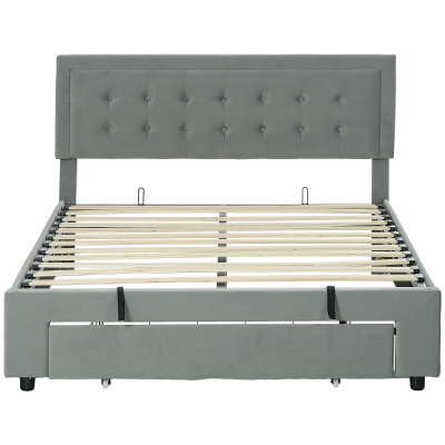 HOMCOM Lit Coffre Double Velours Gris avec Tiroir et Tête Réglable