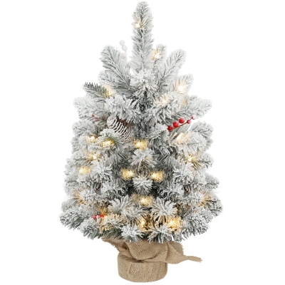 HOMCOM Mini Árvore de Natal Artificial com 35 Luzes LED 60 cm com 72 Ramos com Neve Pinhas Bagas e Base de Saco de Juta Ø37x60 cm Verde