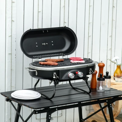 Outsunny Foldable Gas BBQ Grill, 2-Burner Table Top Barbecue with Lid, Piezo Ignition, Thermometer for Camping, Picnic Cooking - Aluminium Alloy