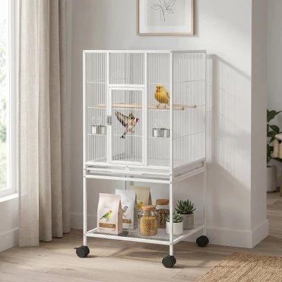 PawHut Parrot Cage with Rolling Stand & Storage Shelf White