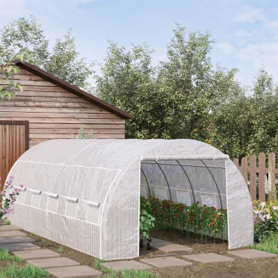 Outsunny 6 x 3 x 2 m Polytunnel Greenhouse - Walk-in Grow House Tent with Steel Frame, Reinforced Cover, Roll-up Side Walls, Zipped Door, and 12 Mesh Windows for Garden, White