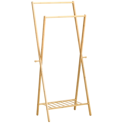 HOMCOM Perchero de Pie de Bambú con Estante para Zapatos 2 Barras y 2 Ganchos para Dormitorio Entrada 74x42x150 cm Natural
