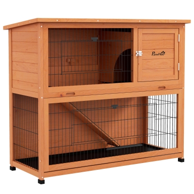 PawHut Two-Tier Wood Rabbit Hutch 102cm with Run - Orange