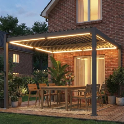 Outsunny Louvered Pergola Metal Roof Solar LED Black 3x3m