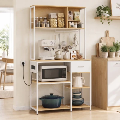 HOMCOM Kitchen Storage Rack Drawer Shelves Hooks Oak White