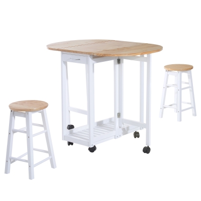 HOMCOM 3PC Wooden Kitchen Cart with Stools & Storage Shelf