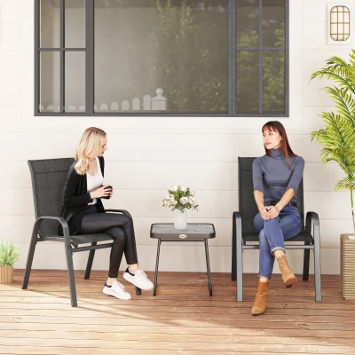 Outsunny 3 Pieces Outdoor Bistro Set - Patio Stackable Armchairs with Breathable Mesh Fabric and SPC Board Coffee Table, Black