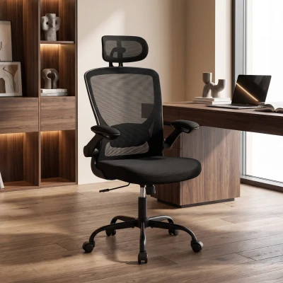 Scaun de birou ergonomic din plasă, cu suport lombar, negru