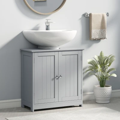 kleankin 60x60cm Under-Sink Storage Cabinet w/ Adjustable Shelf Handles Drain Hole Bathroom Cabinet Space Saver Organizer Grey