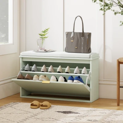 HOMCOM Banco Zapatero con Asiento Acolchado Cajón Abatible Estante Ajustable para Entrada Dormitorio 80x26x47,5 cm Verde Claro