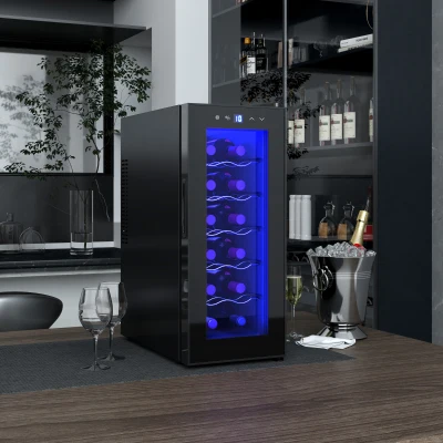 HOMCOM Cave de Vinhos 12 Garrafas com Dupla Refrigeração Termoelétrica Temperatura Ajustável 8-18℃ Porta de Vidro Anti-UV Ecrã LED Luz Interior Preto