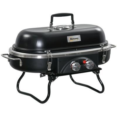 Outsunny Foldable Gas BBQ Grill, 2-Burner Table Top Barbecue with Lid, Piezo Ignition, Thermometer for Camping, Picnic Cooking - Aluminium Alloy