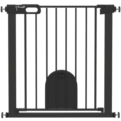 PawHut Dog Gate with Cat Flap Pet Safety Gate Barrier, Stair Pressure Fit, Auto Close, Double Locking, for Doorways, Hallways, 75-82 cm Black