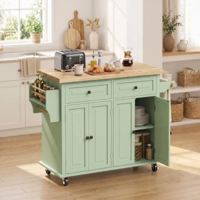 HOMCOM Kitchen Island Trolley Wood Top Storage Drawers Light Green