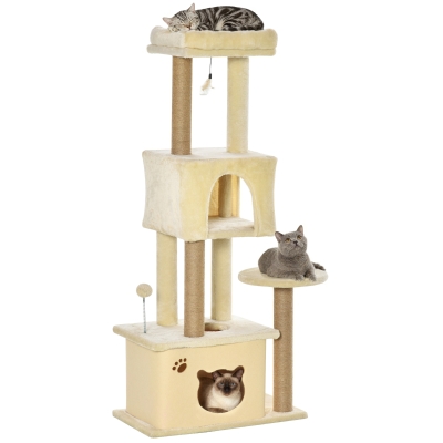 PawHut Árbol Rascador para Gatos Grande 60x34x136 cm Árbol para Gatos con Plataformas Cuevas de Felpa Postes de Yute Beige