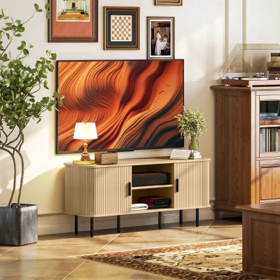 HOMCOM Mesa de TV con 2 Puertas Correderas Tipo Persiana 2 Estantes Abiertos para Televisores de 55 Pulgadas 120x40x55 cm Roble