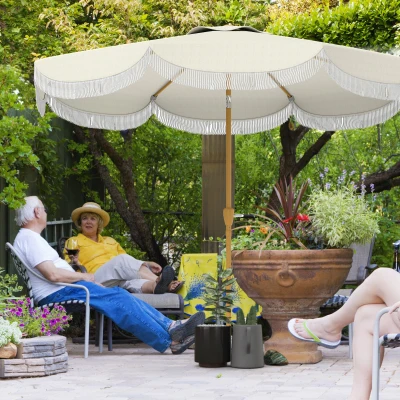 Outsunny Ombrellone da Giardino Rotondo a Frange 2.7x2.4 m Beige