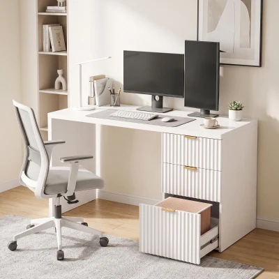 HOMCOM Computer Desk 3 Drawers Reversible 120cm Home Office White