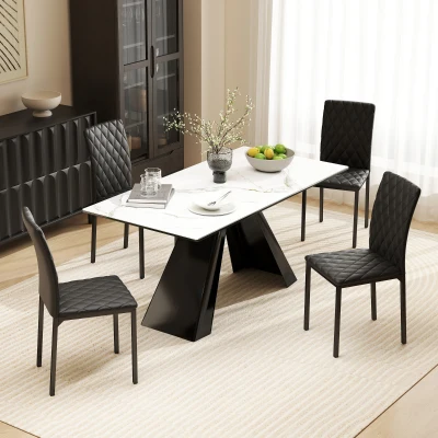Set de 4 scaune pentru dining din piele sintetică cu cusături romboidale, negru