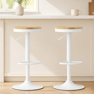 HOMCOM Conjunto de 2 Bancos de Bar Giratórios Bancos Altos de Cozinha com Descanso para Pés 38,5x38,5x60-80 cm Madeira e Branco