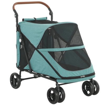 PawHut Carrito para Perros Plegable con un Botón hasta 30 kg con Suspensión en 4 Ruedas Giratorio y Freno de Pie Turquesa