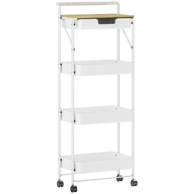 HOMCOM Carrito Auxiliar con Ruedas de 4 Niveles con Cajón Encimera y Cestas de Rejilla para Dormitorio Baño Cocina Blanco