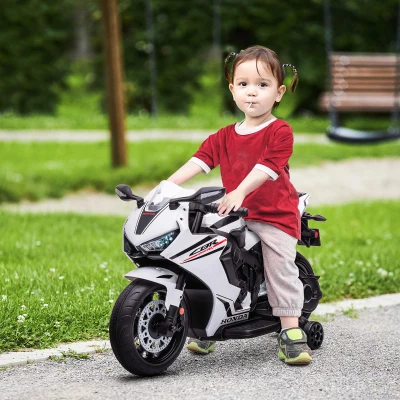 HOMCOM 6V Kids Motorcycle with Music & Training Wheels - White