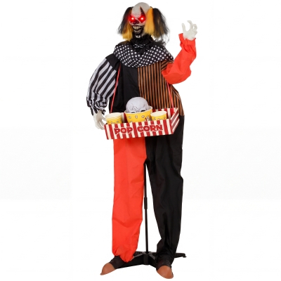 HOMCOM Animowany klaun z popcornem na Halloween z wyskakującą głową, strasznymi dźwiękami, muzyką jarmarczną i świecącymi oczami