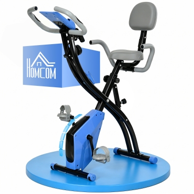 HOMCOM Vélo d'Appartement Pliable 4-en-1 - Ergomètre Magnétique Silencieux avec Cordes de Résistance - Sport Maison et Cardio-training avec Roulettes, Selle Confort et LCD (Max 120kg), Bleu