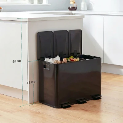 HOMCOM Poubelle Cuisine 45L 3 Compartiments Noir