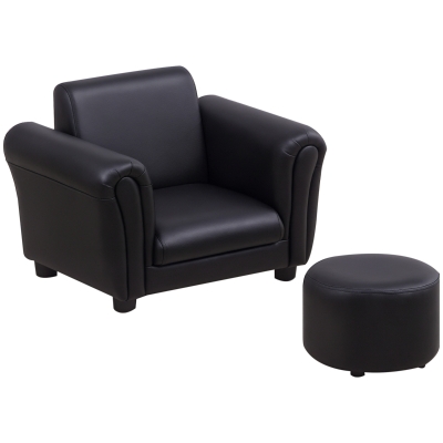 HOMCOM Fauteuil+Pouf Enfant Bois PVC Noir Style Contemporain