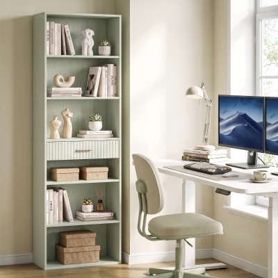 HOMCOM Narrow Bookcase Tall Bookshelf Drawer Shelves 60x24x182cm Green