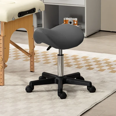 HOMCOM Saddle Stool PU Leather Adjustable Rolling Grey