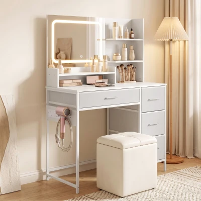 HOMCOM Vanity Desk LED Mirror 4 Drawers 5 Shelves White