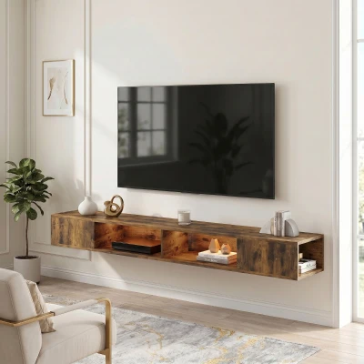 HOMCOM Wall-Mounted TV Stand RGB LED Rustic Brown 75 Inch