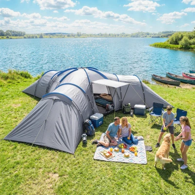 Outsunny Large Tunnel Camping Tent 6-9 Man Portable Light Grey