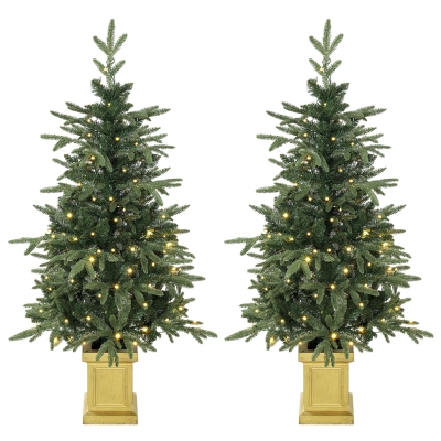 HOMCOM 2pc Prelit Aspen Fir Trees 4ft LED Battery Pot Green