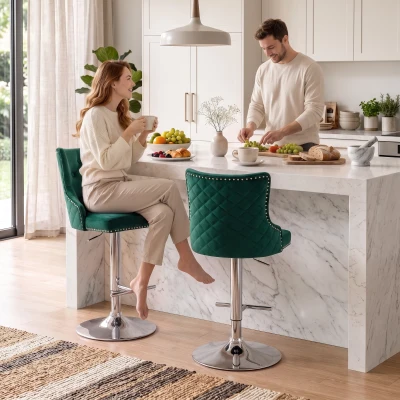 HOMCOM Velvet Swivel Bar Stools Set of 2 Adjustable Green