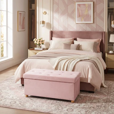 HOMCOM Velvet Storage Ottoman Bench Foldable Wood Legs Pink