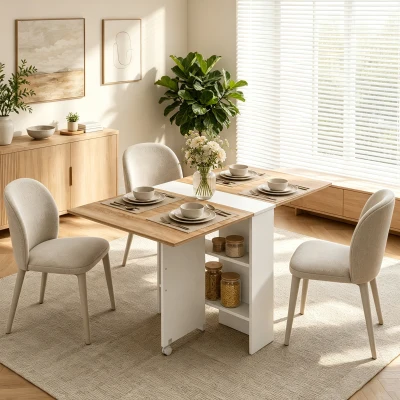 HOMCOM Folding Dining Table 2-Tier Shelves Rolling White/Natural