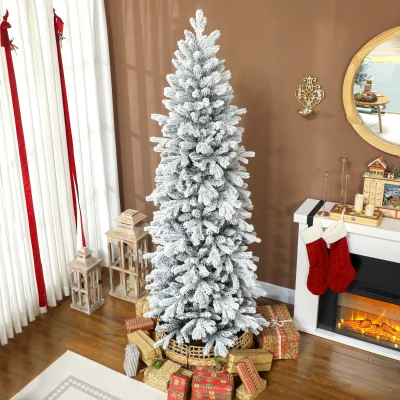 HOMCOM 7ft Pencil Flocked Christmas Tree Hinged Design