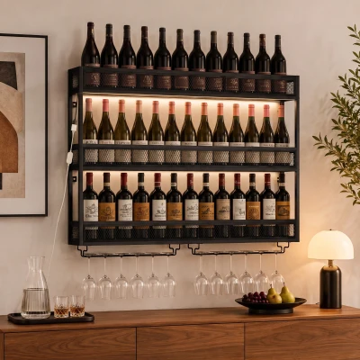 HOMCOM Wall-Mounted Wine Rack Metal LED Shelf Black