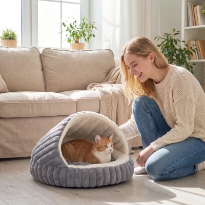 PawHut Letto per Gatti Rotondo Semichiuso in Peluche, Grigio
