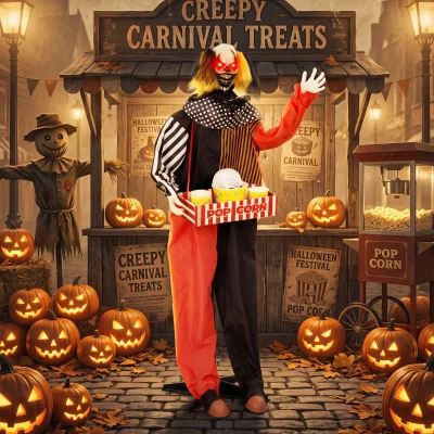 HOMCOM Animowany klaun z popcornem na Halloween z wyskakującą głową, strasznymi dźwiękami, muzyką jarmarczną i świecącymi oczami