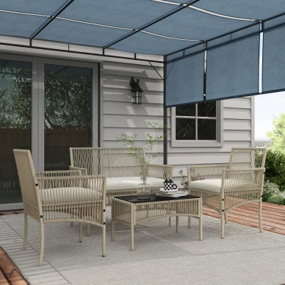 Outsunny Juego de 4 Piezas Muebles de Terraza con 1 Sofá de 2 Plazas 2 Sillones y 1 Mesa de Centro con Encimera de Cristal Caqui