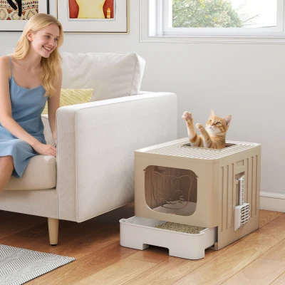PawHut Foldable Cat Litter Box with Lid, Drawer, Khaki