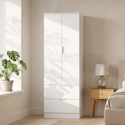 HOMCOM Kleiderschrank mit 2 Schubladen, 2 Soft-Close-Türen und Kleiderstange, 60 x 47 x 180 cm, Weiß